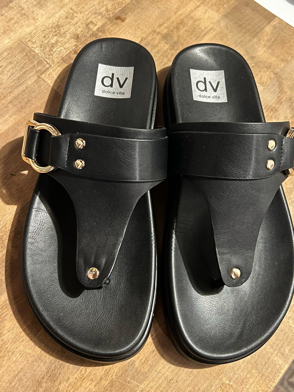Dolce Vita Black Toe-Post Slide Sandals with Gold Buckle